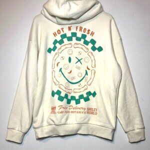 Smiley World Pizza Delivery Service Cream Beige Retro Streetwear Hoodie Sz M